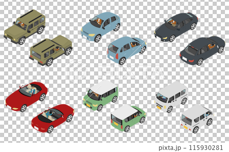 Isometric illustration: set of men driving cars Isometric illustration: set of men driving cars 115930281