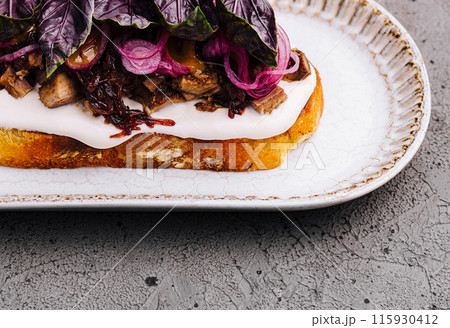 Gourmet toast with purple basil and cream Gourmet toast with purple basil and cream 115930412