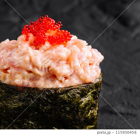 Gourmet spicy tuna sushi with red caviar Gourmet spicy tuna sushi with red caviar 115930458