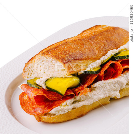 Gourmet pepperoni and vegetable sandwich on white plate 115930469