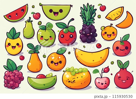 Assorted fruits Can smile with various flavors.Cartoon Abstract art.AI Generated 115930530