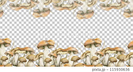 Autumn edible mushrooms seamless banner. Hand drawn realistic fall fungus in border for fabric, packing, label, wrapping paper design. Forest north food. Autumn edible mushrooms seamless banner. Hand drawn realistic fall fungus in border for fabric, packing, label, wrapping paper design. Forest north food. 115930636