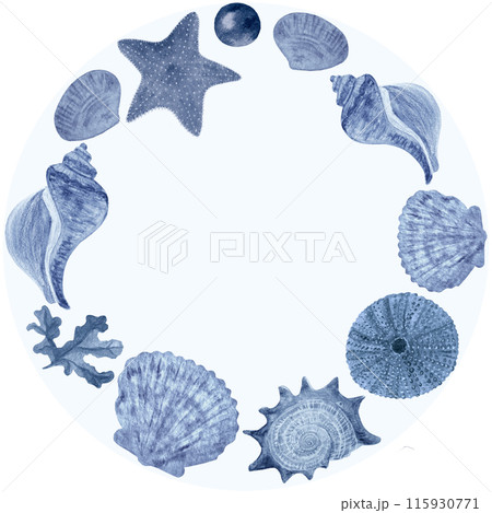 Shell frame monochrome in blue watercolor hand-drawn isolated on white. High quality illustration for notebooks, cards, posters, restaurant menu, souvenirs, stickers, tourism ads, dishes, room decor Shell frame monochrome in blue watercolor hand-drawn isolated on white. High quality illustration for notebooks, cards, posters, restaurant menu, souvenirs, stickers, tourism ads, dishes, room decor 115930771