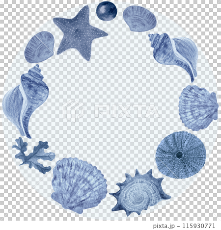 Shell frame monochrome in blue watercolor hand-drawn isolated on white. High quality illustration for notebooks, cards, posters, restaurant menu, souvenirs, stickers, tourism ads, dishes, room decor Shell frame monochrome in blue watercolor hand-drawn isolated on white. High quality illustration for notebooks, cards, posters, restaurant menu, souvenirs, stickers, tourism ads, dishes, room decor 115930771