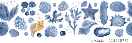 Starfish, seaweed, bubbles, pearls, shell blue monochromatic watercolor seamless border isolated on white. Hand-drawn illustration for cards, restaurant menu, textile, tourism, tape and room decor Starfish, seaweed, bubbles, pearls, shell blue monochromatic watercolor seamless border isolated on white. Hand-drawn illustration for cards, restaurant menu, textile, tourism, tape and room decor 115930772