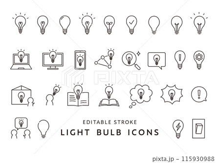 いろんな電球・ひらめきアイコンのセット（モノクロ） 115930988