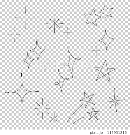 ボールペンで書いたような手書きのキラキラ素材 星や光 線画 ボールペンで書いたような手書きのキラキラ素材 星や光 線画 115931216