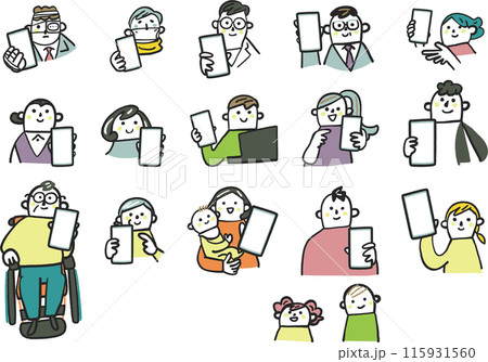 スマホを手に持つ様々な人々　セットのストックイラスト素材 115931560