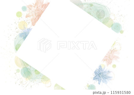 春夏用のアルコールインクアート抽象バナー。黄緑のシャボン玉と青とオレンジの花と四角いスペース　 115931580