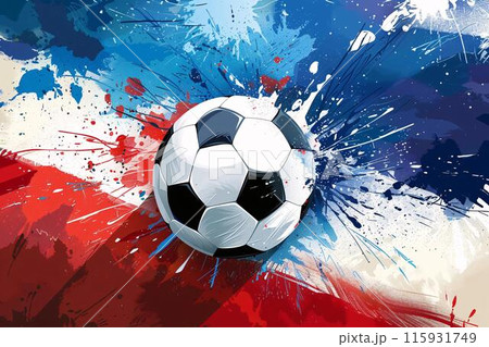 An abstract illustration of a soccer ball with splashes of red, white, and blue paint, representing dynamic motion and energy by Generative AI 115931749