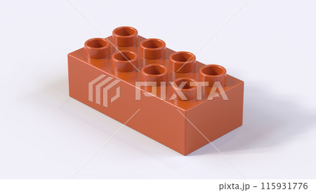 Burnt Orange Plastic Lego Block on a White Background. Children Toy Brick, Perspective View. Close Up View of a Game Block for Constructors. 3D rendering. 8K Ultra HD, 7680x4320, 300 dpi 115931776