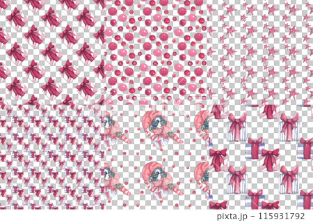 Six decorative, complementary prints: cartoon character, confetti, stars and gifts. Festive Christmas seamless patterns for fabric, tableware, wallpaper. Pink watercolor texture Six decorative, complementary prints: cartoon character, confetti, stars and gifts. Festive Christmas seamless patterns for fabric, tableware, wallpaper. Pink watercolor texture 115931792