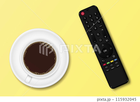 Modern smart TV remote control and coffee cup 115932045