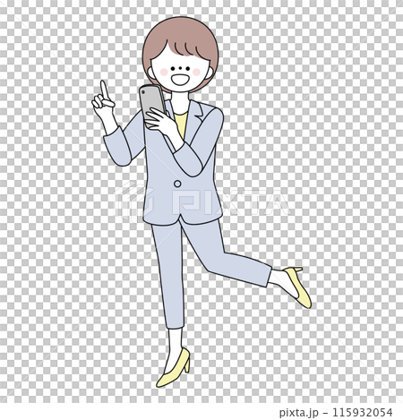 穿著西裝的行動女性操作智慧型手機的插圖 穿著西裝的行動女性操作智慧型手機的插圖 115932054