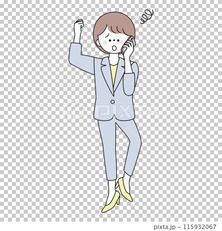 Illustration of a woman in a suit raising her fist in frustration while on the phone 115932067