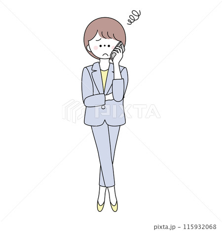 電話をしながら困って腕を組むスーツの女性のイラスト 電話をしながら困って腕を組むスーツの女性のイラスト 115932068