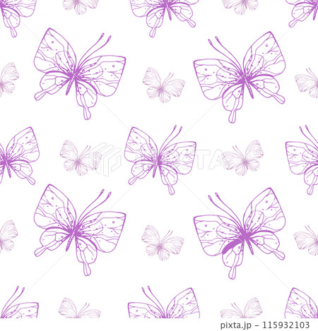 Butterflies are pink, blue, lilac, flying, delicate line art, clip art. Graphic illustration hand drawn in pink, lilac ink. Seamless pattern EPS vector. 115932103