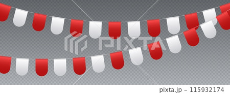 Bunting flags, carnival party flags, white and red festive pennants hanging on a rope. Bunting flags, carnival party flags, white and red festive pennants hanging on a rope. 115932174