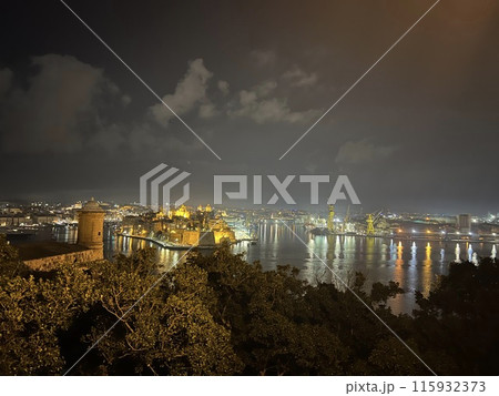 Panoramic night view of the city of Valetta, Malta right after fireworks. 115932373