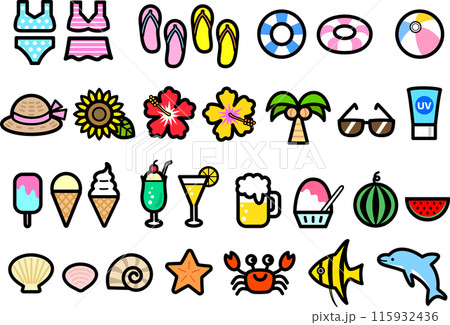海水浴のアイコンセット(カラー) 海水浴のアイコンセット(カラー) 115932436