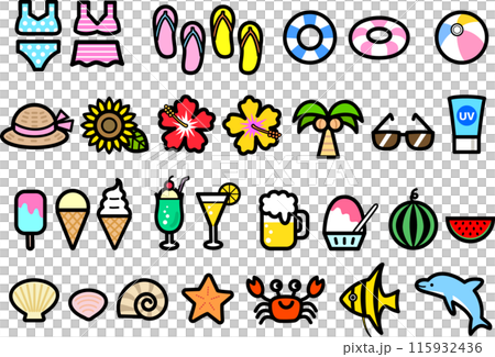 海水浴のアイコンセット(カラー) 海水浴のアイコンセット(カラー) 115932436