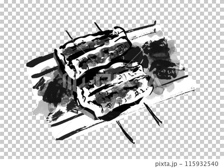 手繪的日式毛筆插圖，描繪了串在木炭上烤的烤鰻魚。 115932540