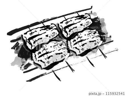 串に刺したうなぎの白焼きを炭火で焼いている手書きの和風筆書きイラスト 115932541