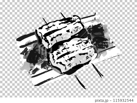 串に刺したうなぎの白焼きを炭火で焼いている手書きの和風筆書きイラスト 串に刺したうなぎの白焼きを炭火で焼いている手書きの和風筆書きイラスト 115932544