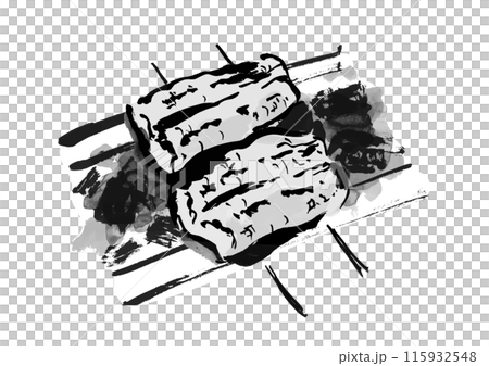 串に刺したうなぎの白焼きを炭火で焼いている手書きの和風筆書きイラスト 115932548