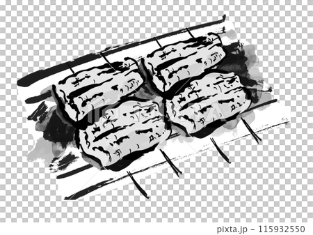 A hand-drawn Japanese-style brush-drawn illustration of skewered eel grilled over charcoal 115932550