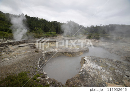 A large area of land is covered in steam and mud A large area of land is covered in steam and mud 115932646
