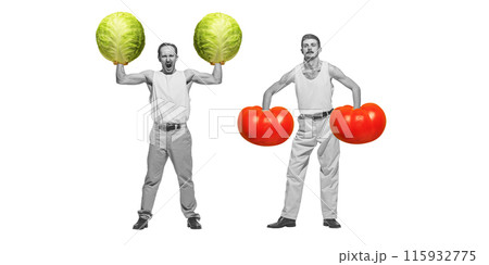 Poster. Contemporary art collage. Two competitive boxers posing in retro attire with fresh vegetables instead of boxing gloves. Poster. Contemporary art collage. Two competitive boxers posing in retro attire with fresh vegetables instead of boxing gloves. 115932775