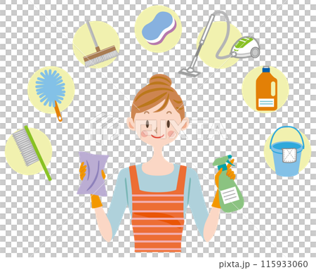 Cleaning, housewife doing housework, woman, cleaning tools 115933060