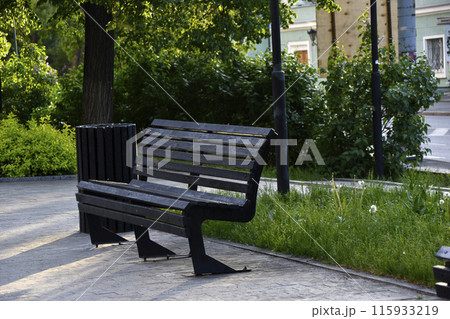 A black wooden bench in the city in the evening.  A place to relax in the park. 115933219