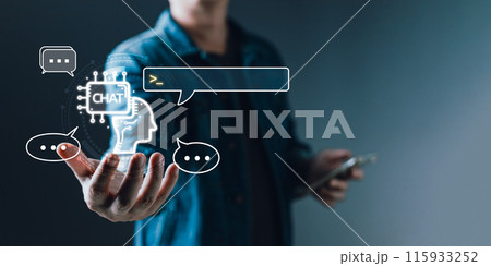Digital Artificial Intelligence (AI) technology disruption concept.man use smartphone command prompt Ai chat. Big data storage.Innovative technology Machine learning support in the business. 115933252