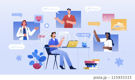 Medical scientific online conference or physician seminar of doctors via video call Medical scientific online conference or physician seminar of doctors via video call 115933315