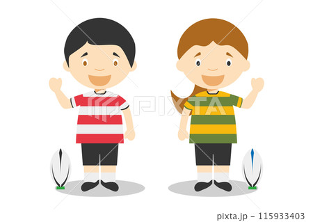 Sports vector illustrations: Rugby male and female cartoon characters Sports vector illustrations: Rugby male and female cartoon characters 115933403