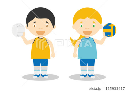 Sports vector illustrations: Volleyball male and female cartoon characters Sports vector illustrations: Volleyball male and female cartoon characters 115933417