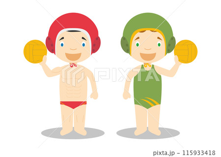 Sports vector illustrations: Waterpolo male and female cartoon characters 115933418