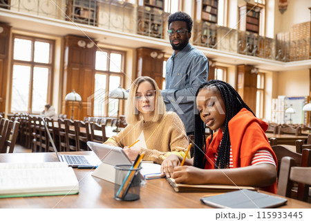 Group of international students working together in the library 115933445