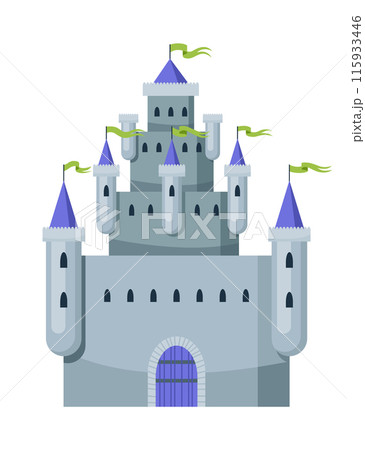 Fairy tale castle. Medieval royal mansion architecture. Beautiful fairy-tale tower for princess, historic fortified building. Knight castle, imagination concept. Isolated cartoon vector illustration 115933446