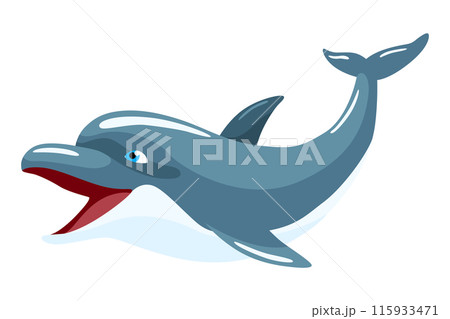Dolphin cartoon character. Ocean mammal in motion isolated on white. Wild nature animal. Vector illustration of sea life blue fish 115933471