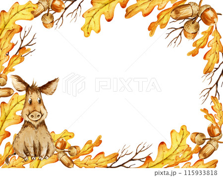 watercolor cartoon boar with autumn leaves and seeds, hand drawn illustration of yellow and orange oak leaves and acorns, sketch isolated on white background, autumn frame, template watercolor cartoon boar with autumn leaves and seeds, hand drawn illustration of yellow and orange oak leaves and acorns, sketch isolated on white background, autumn frame, template 115933818