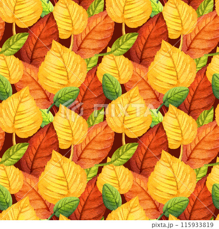 watercolor seamless pattern of autumn forest leaves, hand drawn illustration of yellow and orange forest leaves, green and brown different leaves, sketch on brown background 115933819
