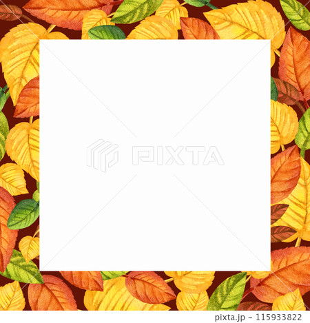 watercolor white square frame of autumn forest leaves, hand drawn illustration of yellow and orange forest leaves, green and brown different leaves, sketch on brown background 115933822