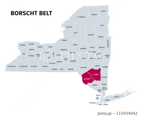 Borscht Belt, or Yiddish Alps, political map. A colloquial term for the mostly defunct summer resorts of the Catskill Mountains and parts of Sullivan and Ulster counties in the U.S. state of New York. 115934042