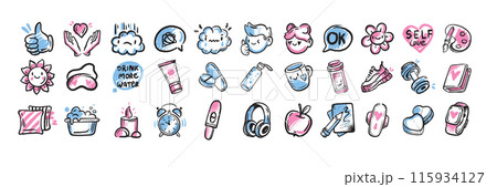 Self-care doodle icon set, vector hand drawn mental health symbol, positive thinking good habits.  Self-care doodle icon set, vector hand drawn mental health symbol, positive thinking good habits.  115934127