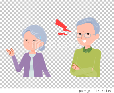 An elderly senior couple. He questions her fiercely. An elderly senior couple. He questions her fiercely. 115934149