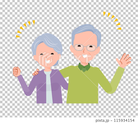 老人高級夫婦男人和女人。微笑著擺出姿勢，雙手摟住彼此的肩膀。 115934154