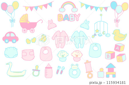 かわいい手描きのベビー用品イラストのセット かわいい手描きのベビー用品イラストのセット 115934181